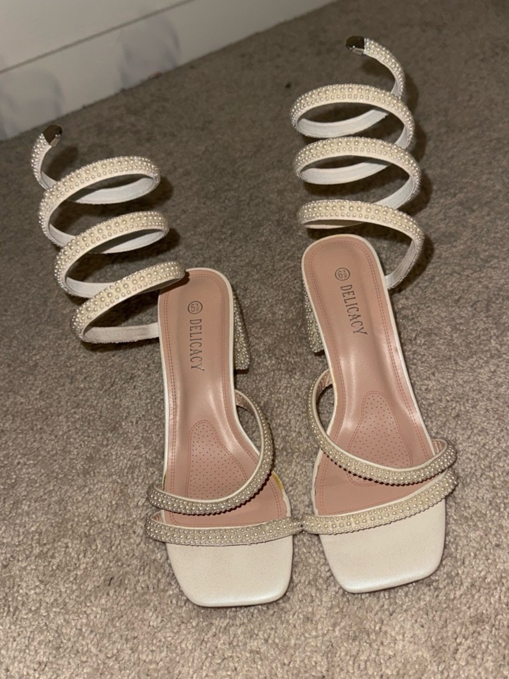 Delicacy Pearl-Embellished Ivory Spiral Ankle Strap Heels